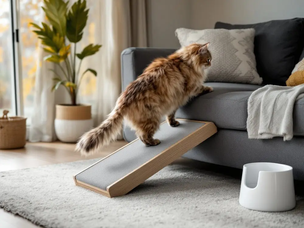 Ältere Katze steigt über eine kleine Holzrampe auf ein Sofa, daneben ein Trinkbrunnen – Wohnumfeld für Katzen mit Arthrose