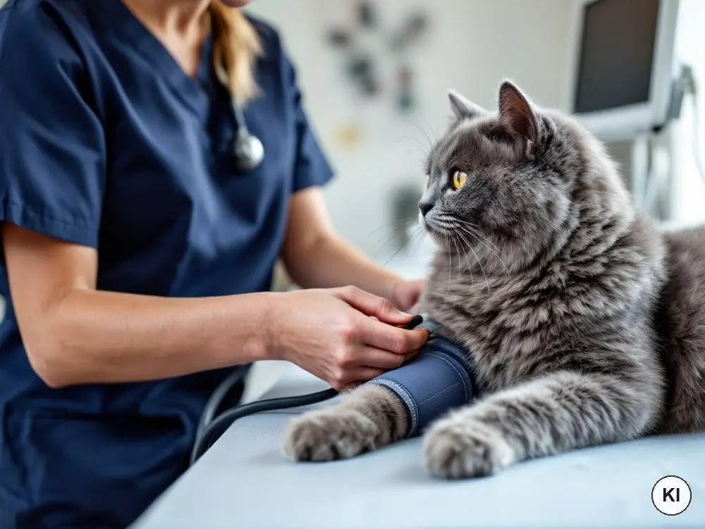 Tierärztin misst bei einer älteren Katze mit einer kleinen Manschette am Vorderbein den Blutdruck (KI-generiertes Bild)