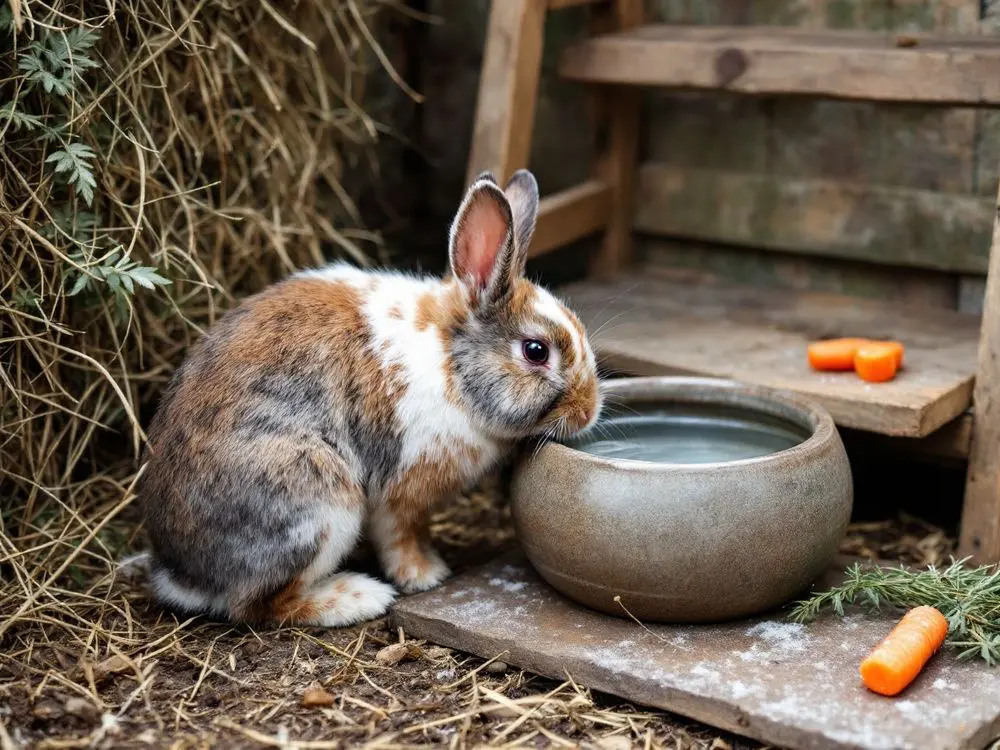 Kaninchen trinkt aus einem Keramiknapf neben einer Heuraufe und Möhrenstücken im winterlichen Gehege