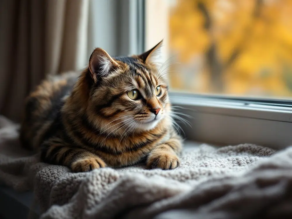 Ältere getigerte Katze liegt entspannt auf einer weichen Decke am Fenster, draußen herbstliches Laub – Senioren-Check vor dem Winter
